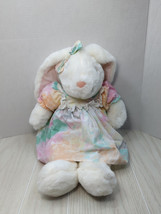 Commonwealth Plush 1991 White bunny rabbit pastel floral dress hair ear bow - $39.59