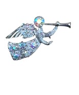 Vintage Rhinestone Angel Brooch Pin Trumpet Silver Tone 2.25” x 1.5&quot; Cos... - $33.69 CAD