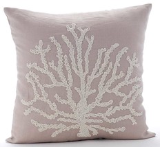 Beige Cotton Linen 16&quot;x16&quot; Beaded Sea Weeds Throw Pillows Cover, Sea Shrub - £24.23 GBP+