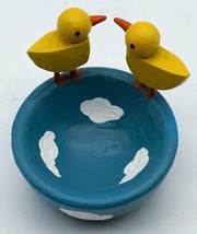 Wooden Trinket or Pin Dish with Baby Chicks on the Rim Bowl is blue with clouds - £10.62 GBP