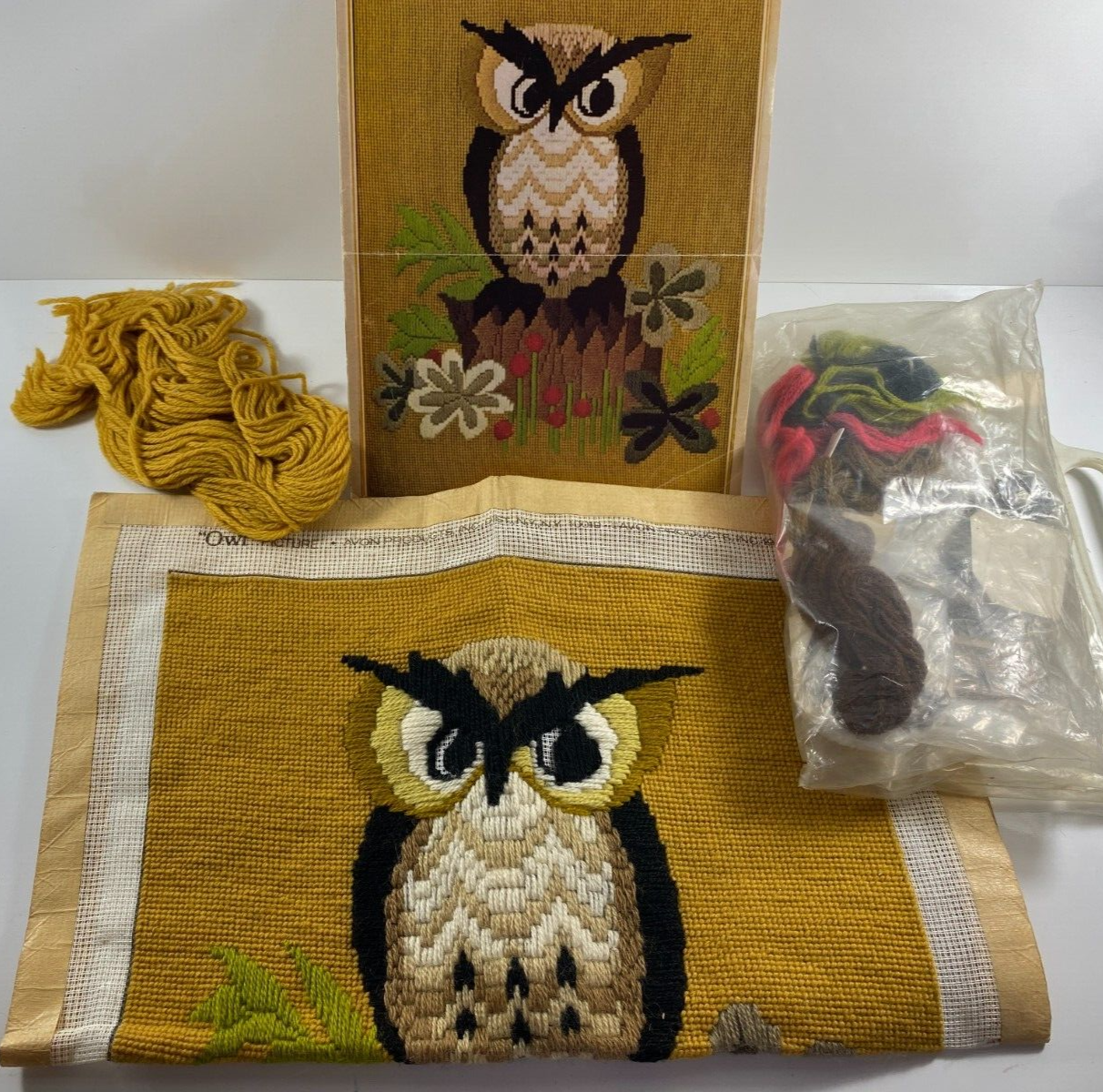 Vintage Partially Done Avon Long Stitch Crewel Needlepoint Owl Kit 14 x 18 in - $29.69