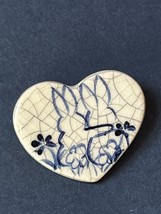 Artist Signed Heart Shaped Crackle Blue &amp; White Ceramic Two Easter Bunny Rabbits - $14.89