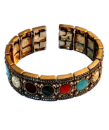 Vintage Liz Claiborne Link Cuff  Bracelet Gold Tone Faux Gemstone Cabochon - £6.19 GBP