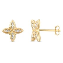 0.20CT Round Natural Diamond Flower Stud Earrings 14K Yellow Gold Plated Silver - £146.89 GBP
