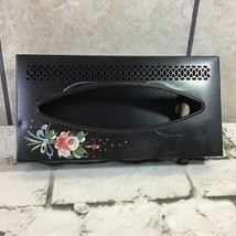 Tissue Box Cover Black Metal Wall Hanging Tole Painted Floral Vintage 90’s - £23.45 GBP