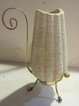 Vintage Mid Century Ceramic Textured  Cream Color vase w/ stand - £106.31 GBP