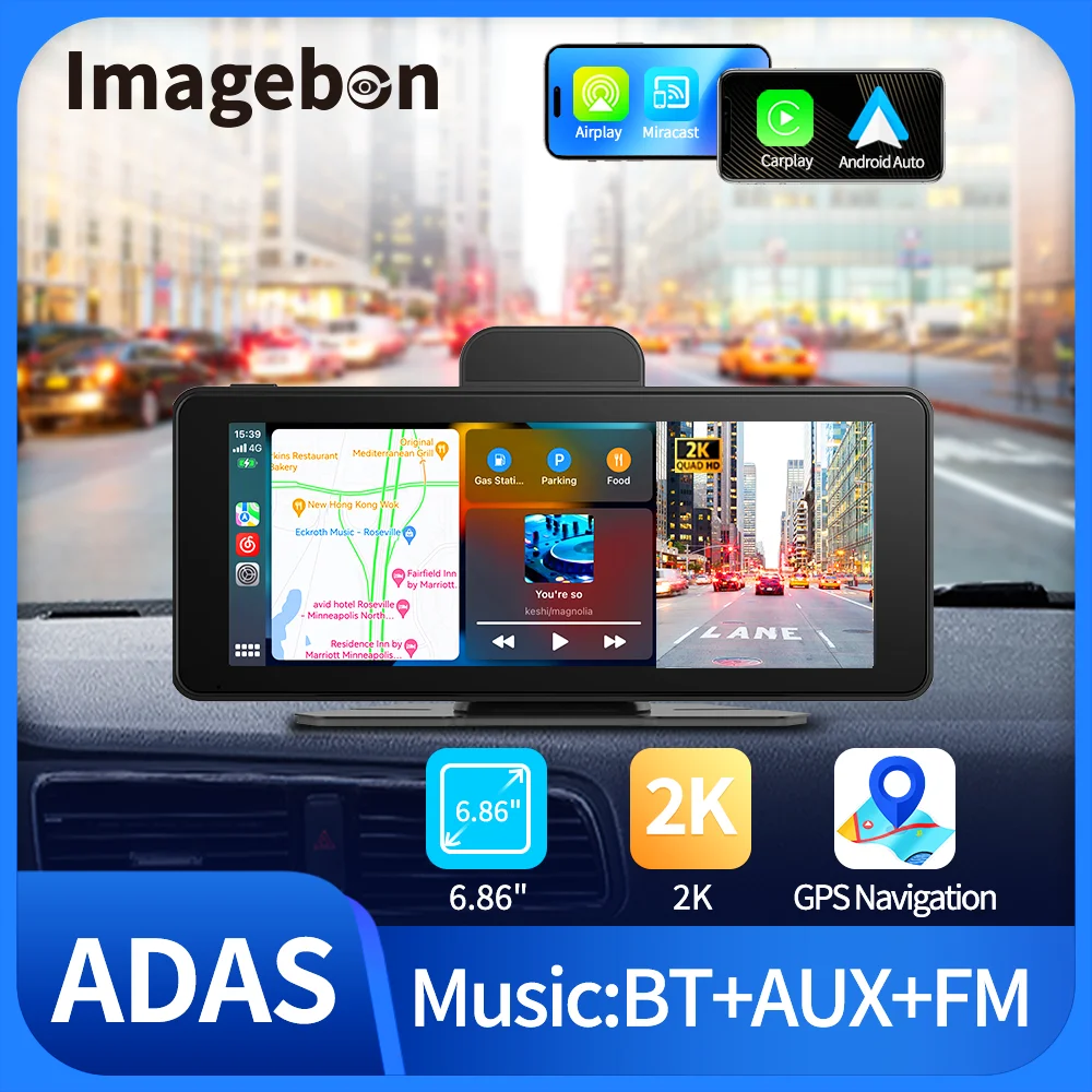 Imagebon 6.86&quot; Rearview Mirror Camera Wireless CarPlay Android Auto Dash Cam AUX - £86.79 GBP+