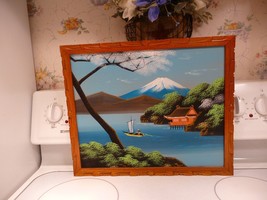 Vintage Japanese Silk Painting Mt. Fugi sail boat house, framed - £26.78 GBP