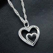 925 Silver 0.25Ct Round Cubic Zirconia Set Double Heart Pendant 18&quot; Cable Chain - £38.25 GBP
