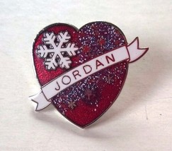 JORDAN Name White Ribbon Red Heart Snowflake Snow Ski Souvenir Lapel Hat Pin - $7.99