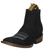 Mens Black Ankle Boots Chelsea Nubuck Leather Square Toe Pull On Cowboy ... - €94,44 EUR