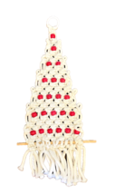 Macrame Christmas Tree Hanging Art Handmade White Red Wood Beads 26 Inches Tall - £18.16 GBP