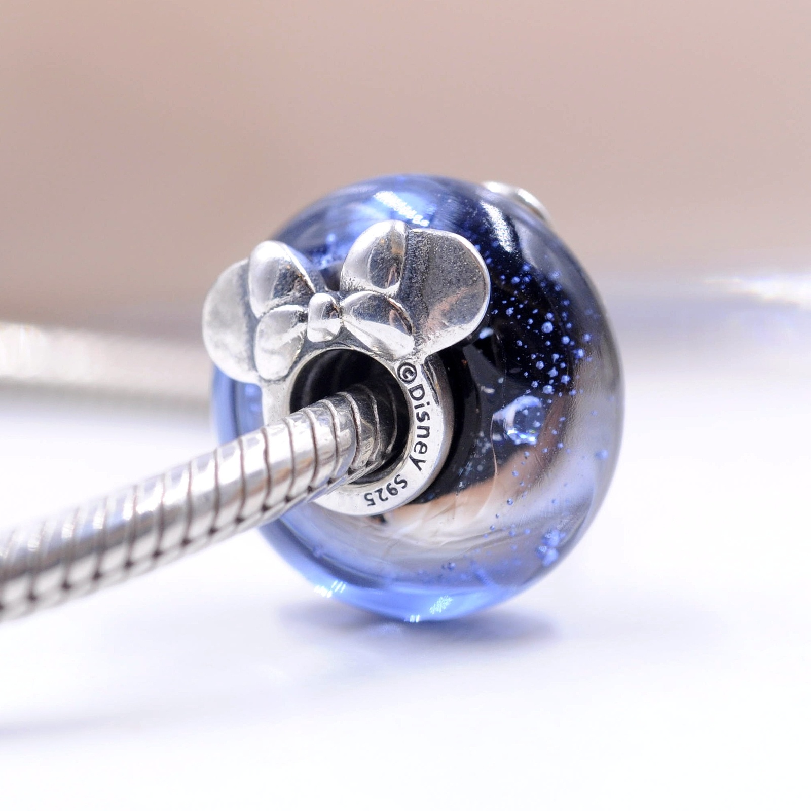 925 Sterling Silver Disney Mickey and Minnie Mouse Blue Murano Glass Charm