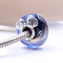 925 Sterling Silver Disney Mickey and Minnie Mouse Blue Murano Glass Charm  - $8.20