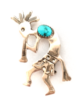 Vintage Signed Kokopelli Playing the Flute Pin Brooch Sterling Silver  Turquoise - $94.05