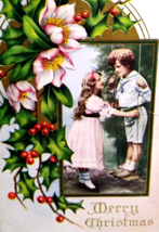 Christmas Postcard Children Outside On Swing Holly Flowers Vintage Embossed - £5.85 GBP