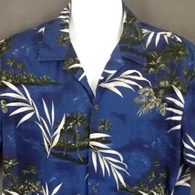RJC Hawaiian Shirt XL Blue Cotton Palm Trees Island Volcanoes Aloha - £15.18 GBP