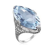 Solid 925 Sterling Silver 14*26mm Marquise Aquamarine Ring For Women Big Gemston - £40.28 GBP