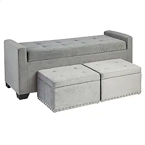 Fancy 3-Piece Storage Ottoman Bench Set With Fabric Upholstery, Embossed... - £199.30 GBP