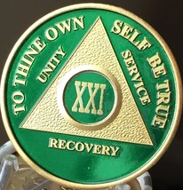 21 Year AA Medallion Green Gold Plated Alcoholics Anonymous Sobriety Chi... - £16.30 GBP