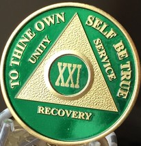 21 Year AA Medallion Green Gold Plated Alcoholics Anonymous Sobriety Chi... - £16.39 GBP