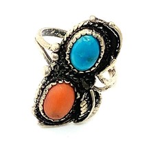 Vtg Sterling Silver Native American Navajo Old Pawn Turquoise &amp; Coral Ring 5 1/4 - £35.61 GBP