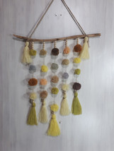 Wall hanging from pompoms of different colors in green-brown tones on a wooden d - £39.96 GBP