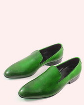 Men Green Color Casual Loafer Slippers Rounded Derby Toe Vintage Leather... - £117.94 GBP+