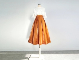 RUST Satin Polyester Pleated Skirt Outfit Lady Custom Plus Size Midi Party Skirt image 4