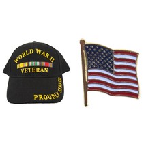 World War II Veteran Hat Black USA &amp; American Flag Lapel Pin - £10.96 GBP