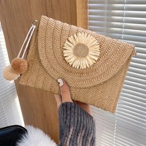 Straw Clutch Bag Women Handmade Woven Pompom Flower  Handbag Summer Beach Holida - £89.36 GBP