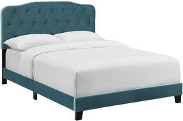 Sea Blue Queen Bed With Performance Velvet Upholstery And Tufting By Modway. - £117.88 GBP