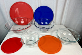 Pyrex 4 Clear Glass Mixing Nesting Bowls With Colored Lids USA 322 323 325 326 - £31.21 GBP