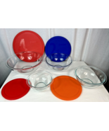 Pyrex 4 Clear Glass Mixing Nesting Bowls With Colored Lids USA 322 323 3... - $39.59