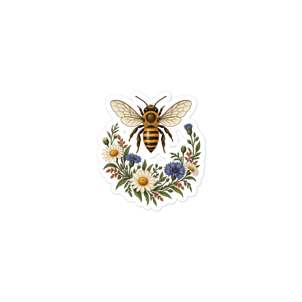 Supplier digital mockup of one Honeybee Wildflower kiss-cut vinyl sticker