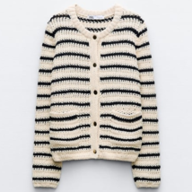 Zara Bnwt 2024. Ecru Knit Cardigan Striped Round Neck Buttons. 6771/008 - £49.34 GBP