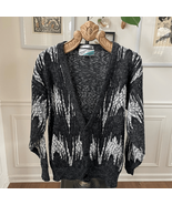 Vintage 80s 90s Black Grey White Abstract Cardigan Sweater M - $24.48