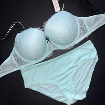 Nwt Victoria&#39;s Secret 36DDD Bra Set M Cotton Panty Blue Lace Black Dream Angels - $69.29