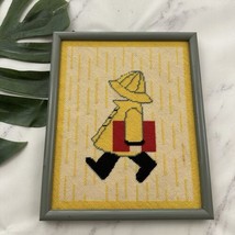 Vintage Handmade Needlepoint Wall Art Raincoat Child Yellow Red Cute Kid 80s - $29.69