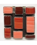 Coral Stone Inlaid Geometrical Square Ring Vintage Mexico Sterling Silve... - $232.89 CAD