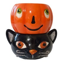 Hallmark Halloween Candle Holders Tea Light Votive Set Ceramic Black Cat Pumpkin - £15.02 GBP