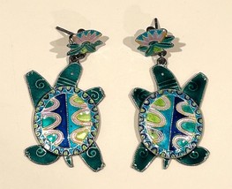 Zarah Blue &amp; Green Enamel Turtle Dangle Earrings Sterling SIlver Plated - £20.46 GBP