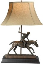 Table Lamp Lodge Polo Player Chocolate Ebony Brown Black Linen Shade Cast Resin - £494.80 GBP