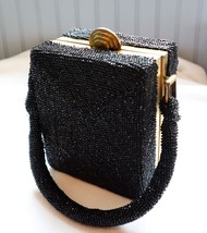 Nice Box Style Vintage Evening Bag 1930s 1940s Black Glass Beads Deco Gold Clasp - £124.60 GBP