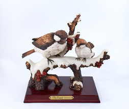 De Capoli Collection Porcelain &quot;Two Birds on a Tree&quot; Winter Scene Wood Base Vtg - £43.14 GBP