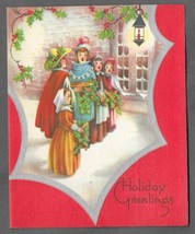 Vintage 1940s Wwii Era Christmas Greeting Card Art Deco Singing Carollers Holly - £11.60 GBP