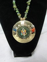 Native American Seminole Handmade Army Medallion African Green Jasper Necklace - $148.49