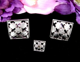 Swank ARGYLE Diamondcut CUFFLINKS &amp; TIE TACK Vintage Silvertone Square O... - £17.91 GBP