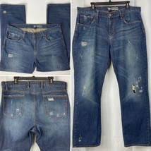Gap Straight Fit Distressed Patched Mens Blue Jeans size 38x31 True Fit Whisker - £27.99 GBP