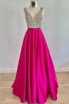 A Line V Neck Beaded Fuchsia Long Prom Dresses,Sexy Formal Dress,Beaded Evening  - £147.83 GBP
